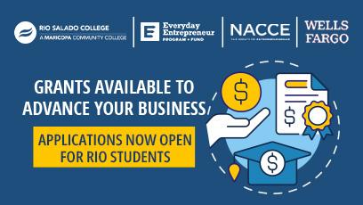Graphic with dollar signs, hand and grad cap. Text: Grants available to advance your business. Applications now open for Rio students