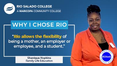 headshot of Shaniqua Hopkins with text: Why I Chose Rio, Shaniqua Hopkins, Family Life Education